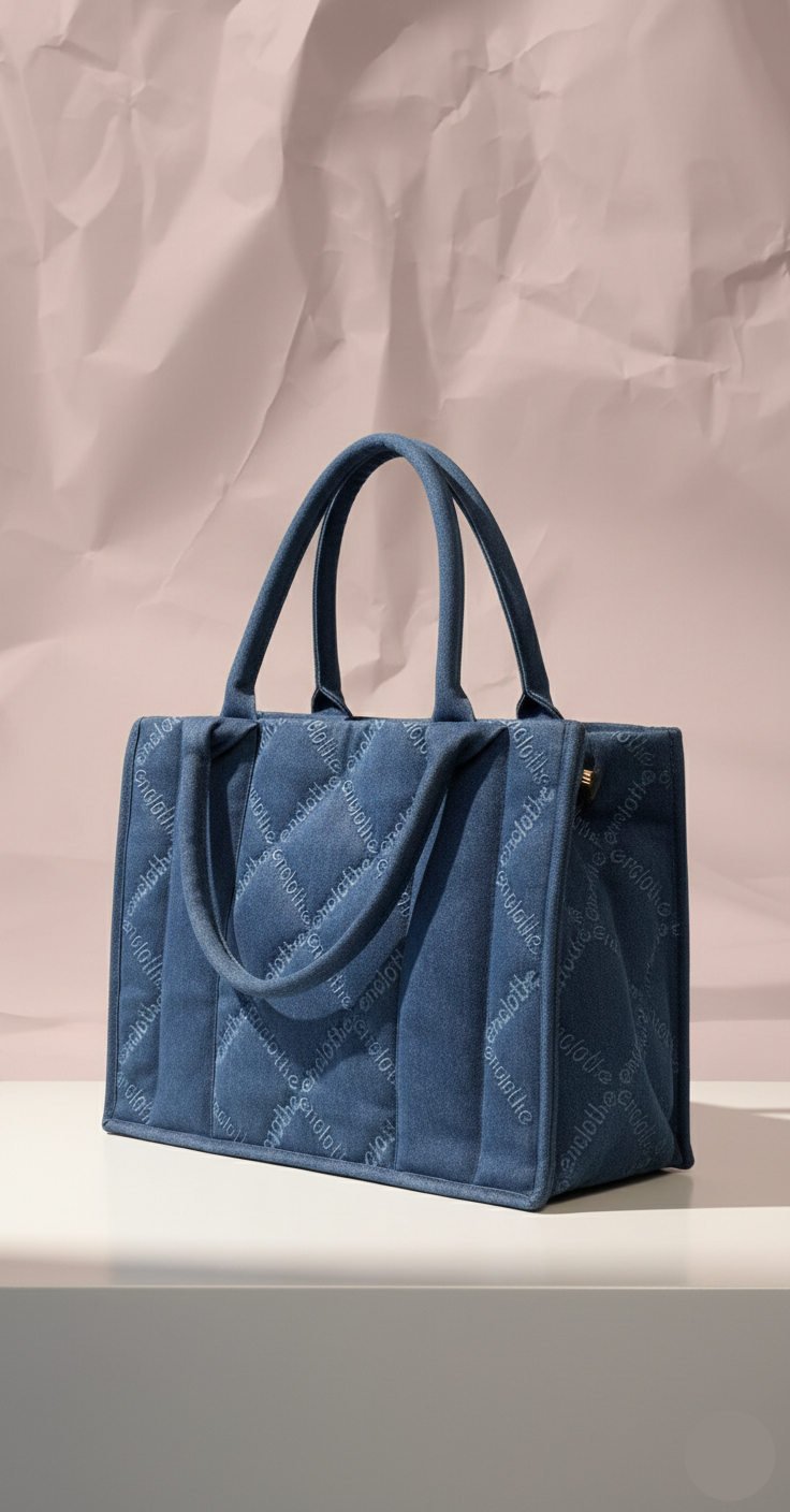 Blue quilted handbag on a neutral background