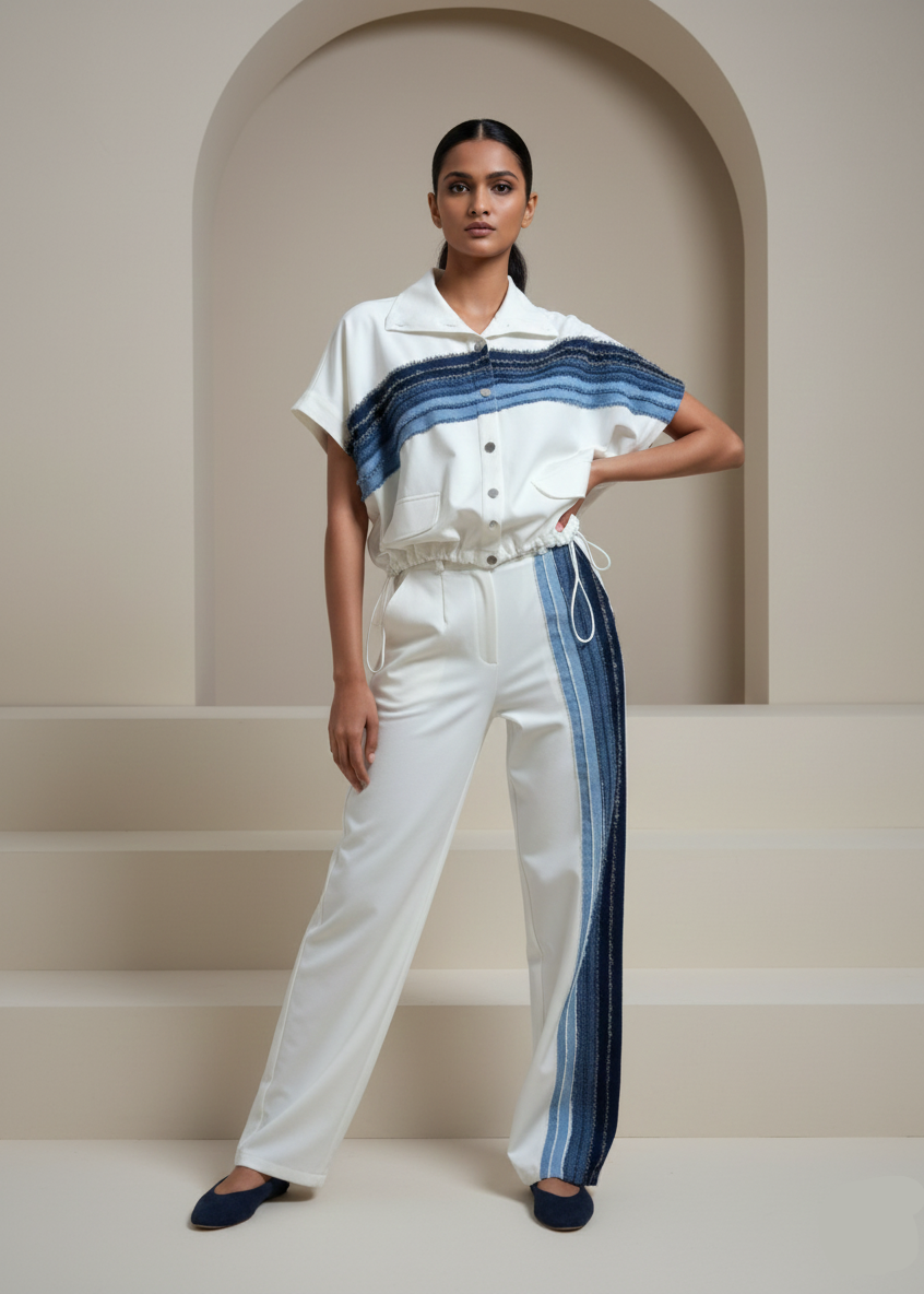 Woman wearing a white and blue striped outfit standing in a minimalistic setting.