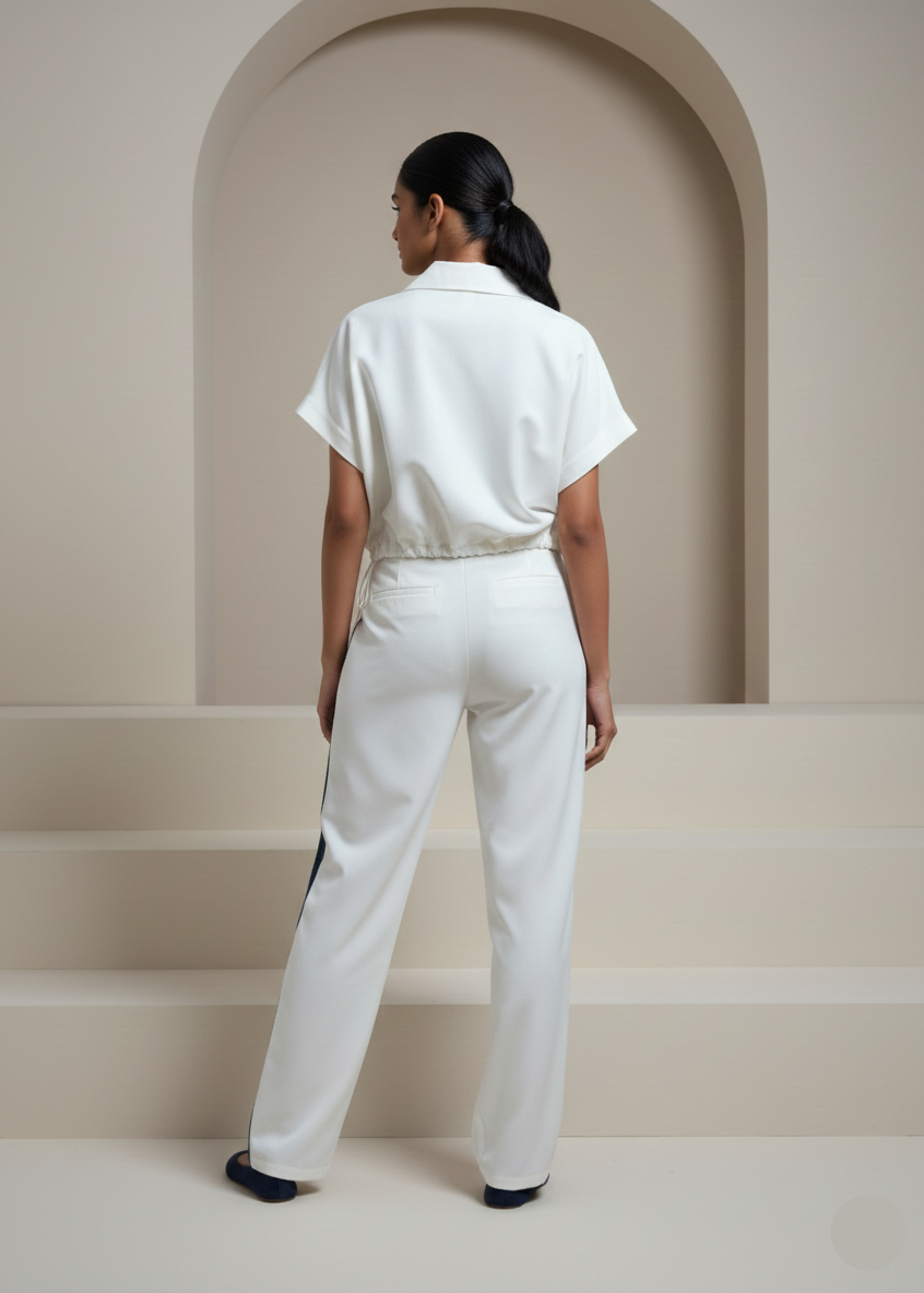 Person wearing a white outfit standing in a minimalistic setting with an archway.