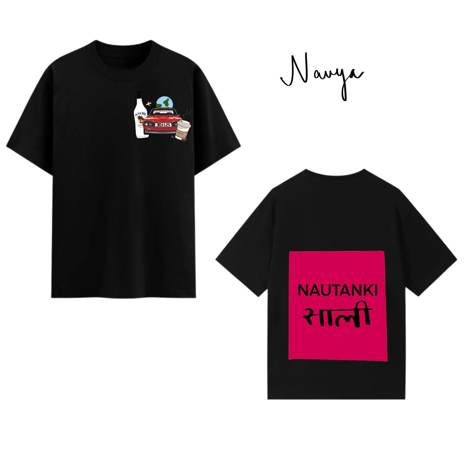 Black t-shirt with front and back designs on a white background